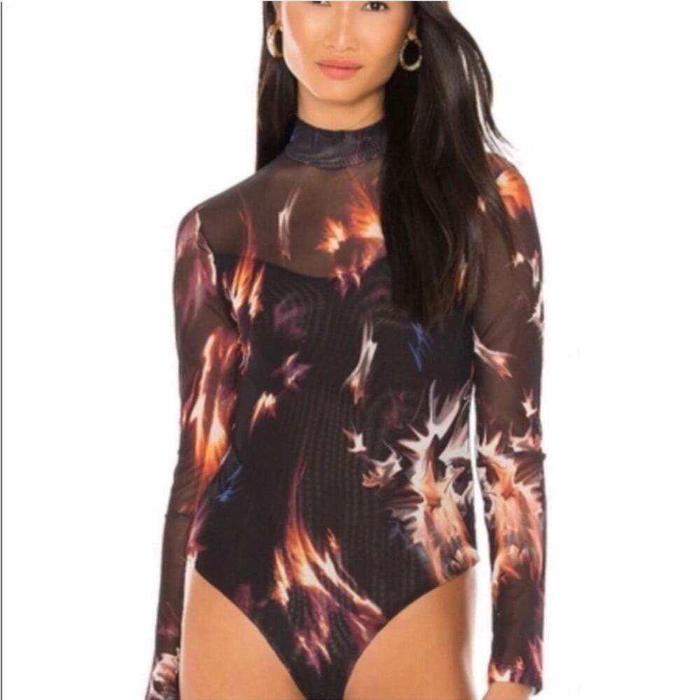 AllSaints Black Elia Long-Sleeve Turtleneck Bodysuit w/ Abstract Flame Print Sz4